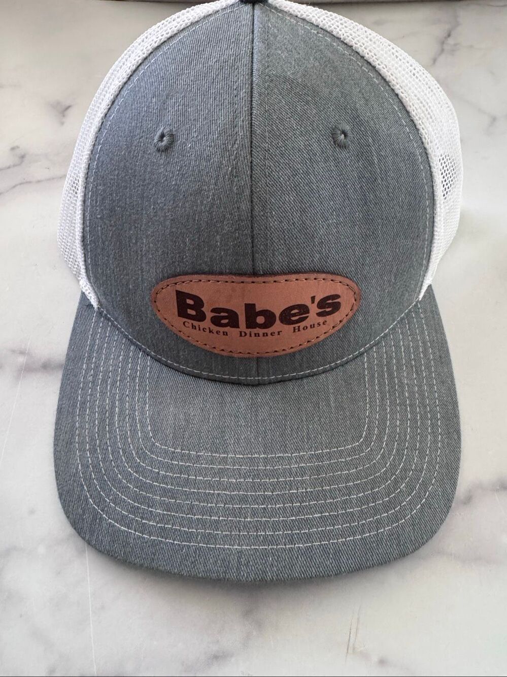 Babe’s Chicken Dinner House trucker mesh hat grey white color block adult unisex